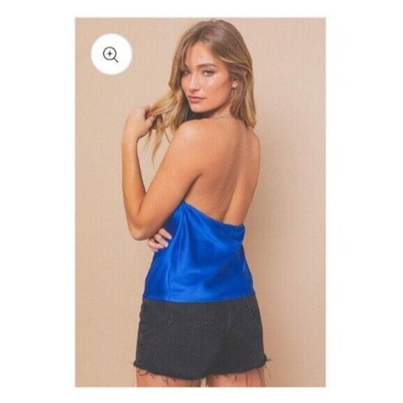 LE LIS Royal Blue Crystal Strap Drape Neck Satin Halter Top Size Medium NWT - Picture 3 of 14